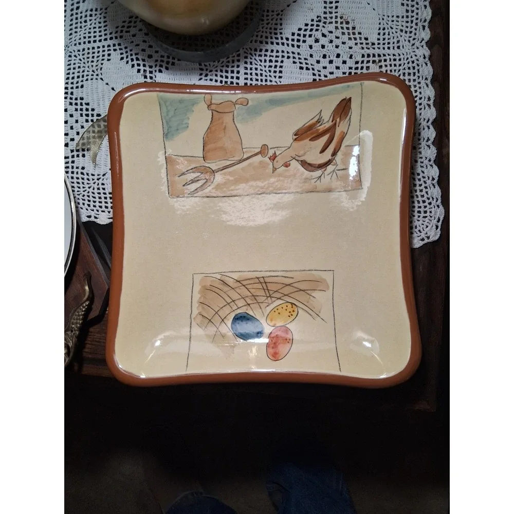 Studio Nova Square Platter Farm Hen & Nest Hand Painted Ceramic 12